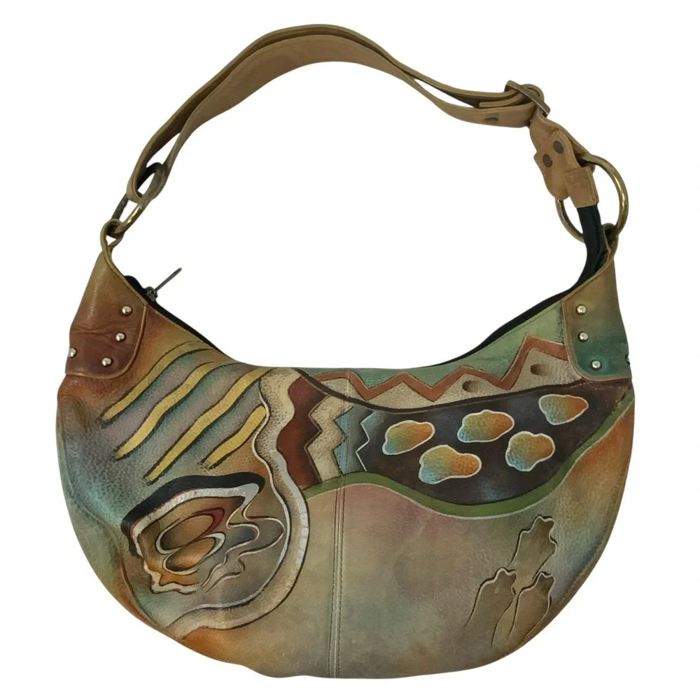 Anuschka Hand Painted Leather‎ Hobo Purse Shoulder Bag Whimsical Artsy Abstract